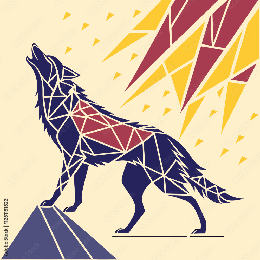 Obraz premium Geometric Wolf Howling at Abstract Moon Art Print: Polygonal Animal Illustration in Modern Graphic Design Style for Wall Decor