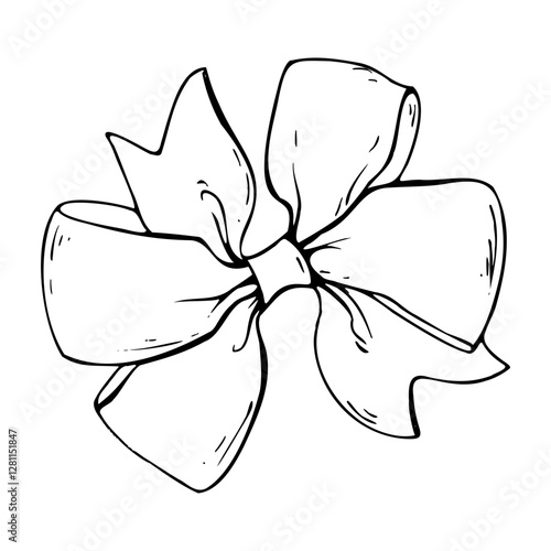 Satin, multilayered fabric bow, with wide ribbons. Graphic sketch illustration hand drawn line art, outline in black ink. Single isolated element vector EPS, for hair decoration, clothes, gifts