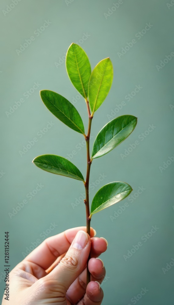Small eucalyptus sapling, delicate leaves, held gently , sapling, image Small eucalyptus sapling, delicate leaves, held gently , sapling, image