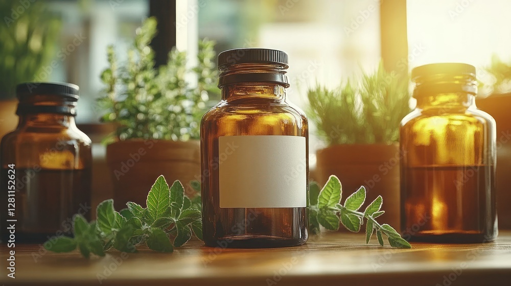 Herbal remedies bottles on wooden shelf by window with plants Herbal remedies bottles on wooden shelf by window with plants