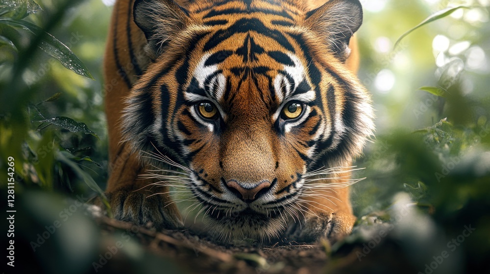 Fototapeta premium Tiger stalking in jungle forest, wildlife close-up