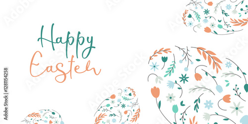 Happy Easter. Festive Easter egg with botanical floral pattern. Holiday greeting card, poster, banner. Vector illustration