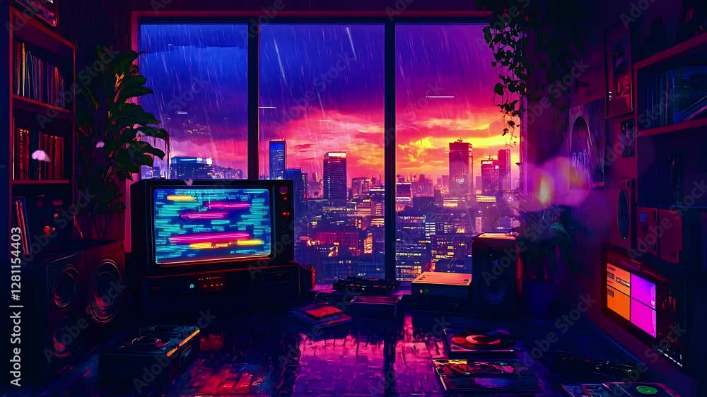 Cozy Cyberpunk Room Overlooking Neon City in the Rain. Perfect for lo-fi, synthwave, and chill music. Seamless looping time lapse animation video background, lo-fi art.
Cozy Cyberpunk Room Overlooking Neon City in the Rain. Perfect for lo-fi, synthwave, and chill music. Seamless looping time lapse animation video background, lo-fi art.