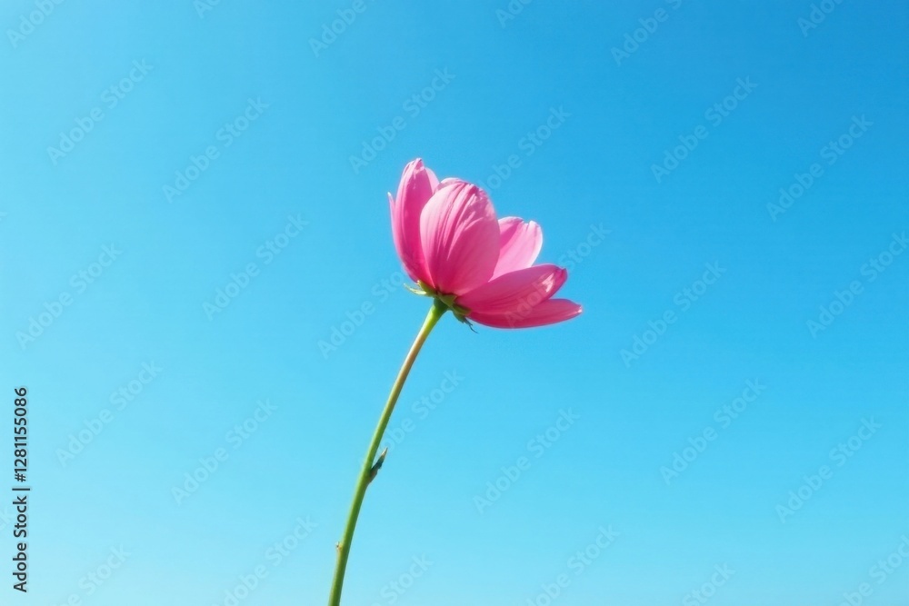 A single pink flower against a vibrant blue sky, showcasing delicate petals and a slender stem, a symbol of serenity and natural beauty A single pink flower against a vibrant blue sky, showcasing delicate petals and a slender stem, a symbol of serenity and natural beauty