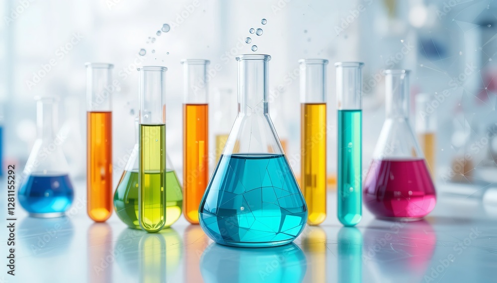 Colorful Chemistry Lab Glassware Test Tubes Erlenmeyer Flasks Science Experiment red blue pink aqua Colorful Chemistry Lab Glassware Test Tubes Erlenmeyer Flasks Science Experiment red blue pink aqua