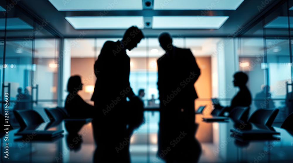 Group of people silhouettes against large window, businessmen participating in meeting or discussion. Group of people silhouettes against large window, businessmen participating in meeting or discussion.