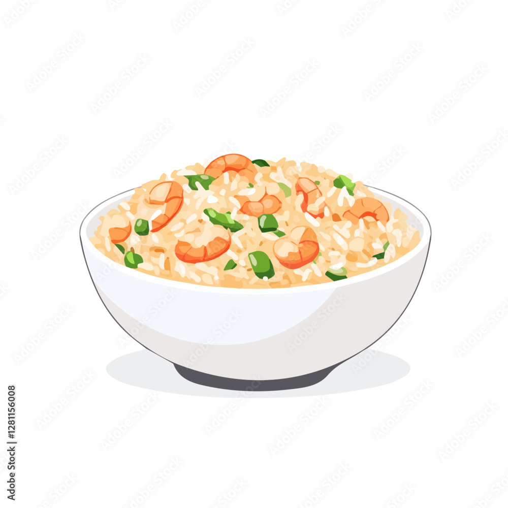 Flat vector shrimp fried rice, minimalist design, isolated on a white background.
Flat vector shrimp fried rice, minimalist design, isolated on a white background.