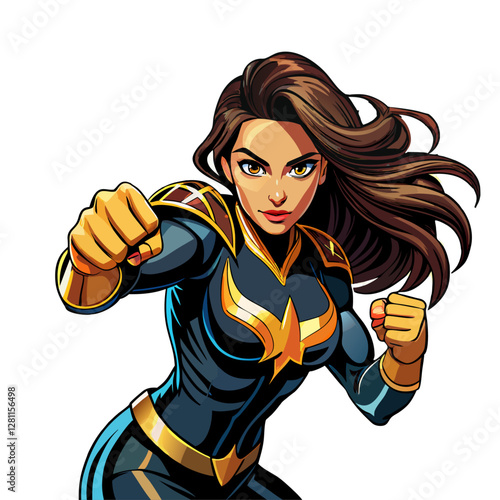 Pop art comic book style super heroine punching with female superhero in a costume poster design
