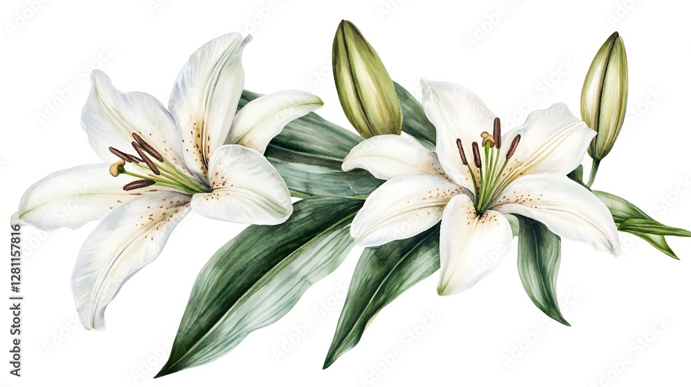 Fototapeta premium Realistic Watercolor Lily Botanical Illustration on White Background