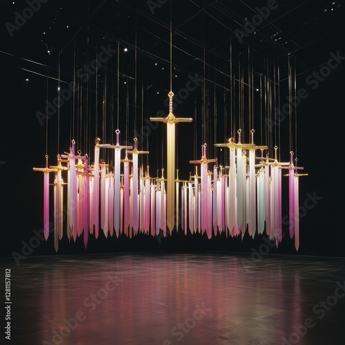 Ancient swords originating from various cultures are exhibited side by side in a grand museum hall, complete with detailed lighting that highlights each weapon in a hyper-realistic, museum-style