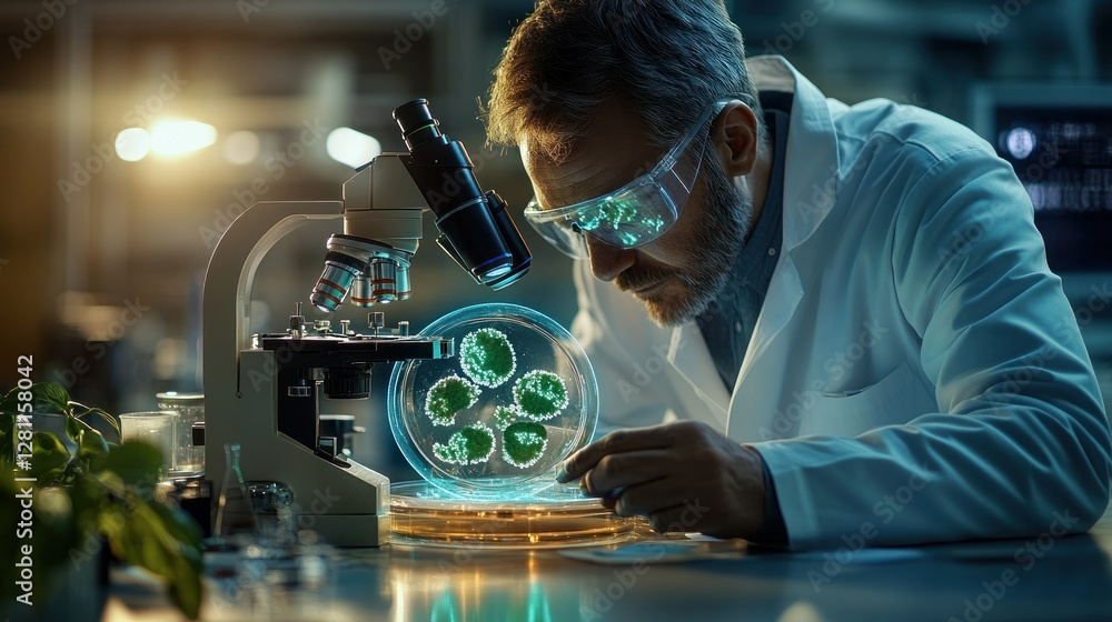 Scientist examines petri dish with glowing microbes in a laboratory Scientist examines petri dish with glowing microbes in a laboratory