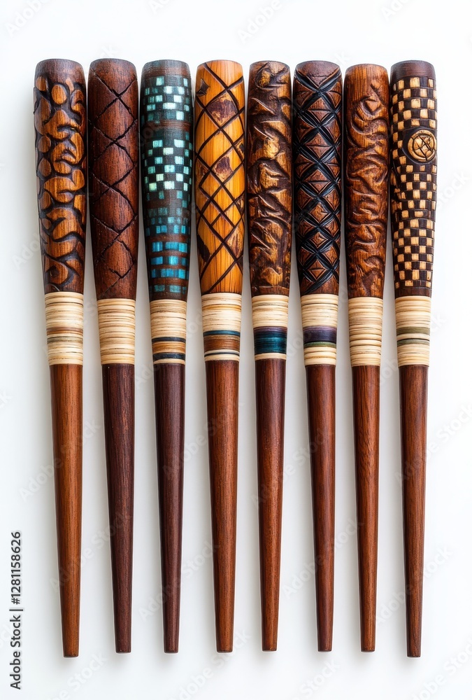 Eight Unique Handcrafted Wooden Sticks with Intricate Designs and Patterns on the Handles, Elegant Craftsmanship for Decorative Display and Utilization Eight Unique Handcrafted Wooden Sticks with Intricate Designs and Patterns on the Handles, Elegant Craftsmanship for Decorative Display and Utilization
