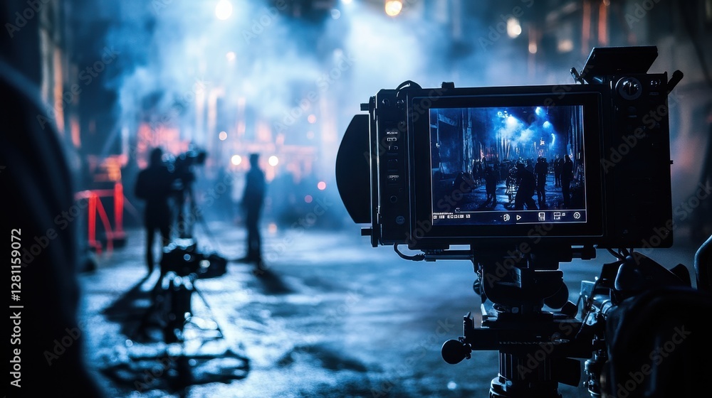 Camera Focus on Film Set with Blue Lights and Crew in Action Camera Focus on Film Set with Blue Lights and Crew in Action