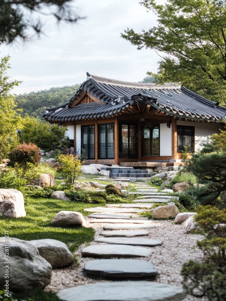 Obraz premium Korean Style Home Surrounded by Lush Green Landscaping