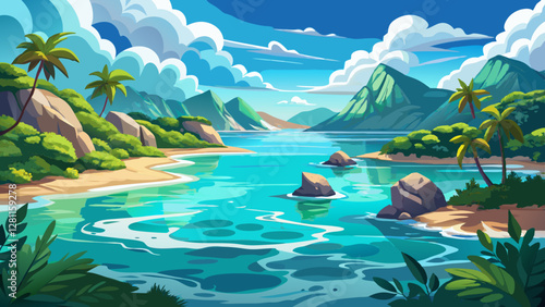 Crystal-clear sea water in a pristine ocean lagoon, with a sunny and cloudy sky. An idyllic, relaxing seascape with a transparent surface, perfect for exotic travel in the tropics or Mediterranean.