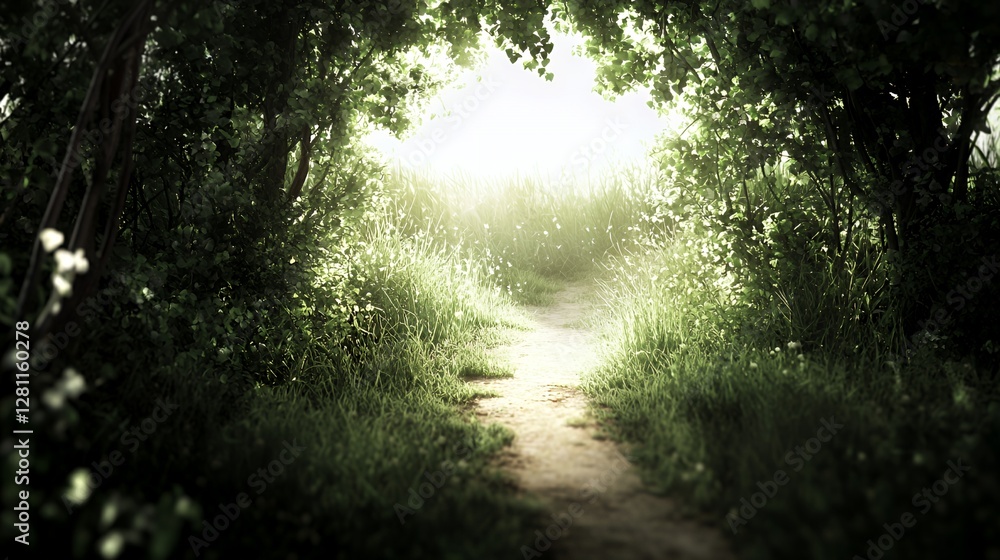 Fototapeta premium Sunlit Path Through Lush Green Forest
