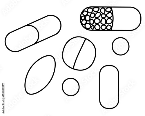 Medicine set. Sketch. Tablet, pill, capsule, vitamin. Vector illustration. Outline on isolated white background. Doodle style. Coloring for kids. Collection of medicines for pain relief. Medical theme