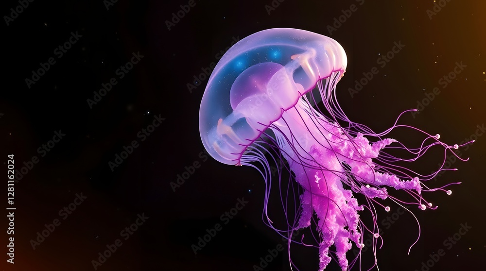 Naklejka premium A transparent white jellyfish glowing purple under the deep, dark, pitch-black ocean. Mysterious.