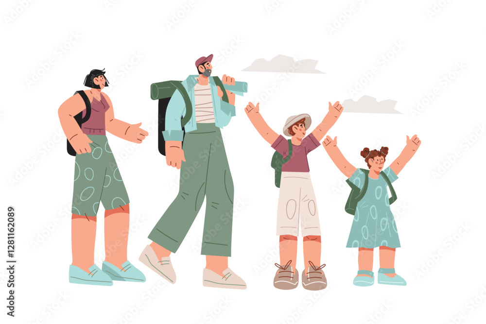 Happy family with children during summer vacation outdoors, flat graphic vector illustration isolated on white. Family on trip, during tourist activity or flight. Happy family with children during summer vacation outdoors, flat graphic vector illustration isolated on white. Family on trip, during tourist activity or flight.