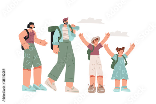 Happy family with children during summer vacation outdoors, flat graphic vector illustration isolated on white. Family on trip, during tourist activity or flight.