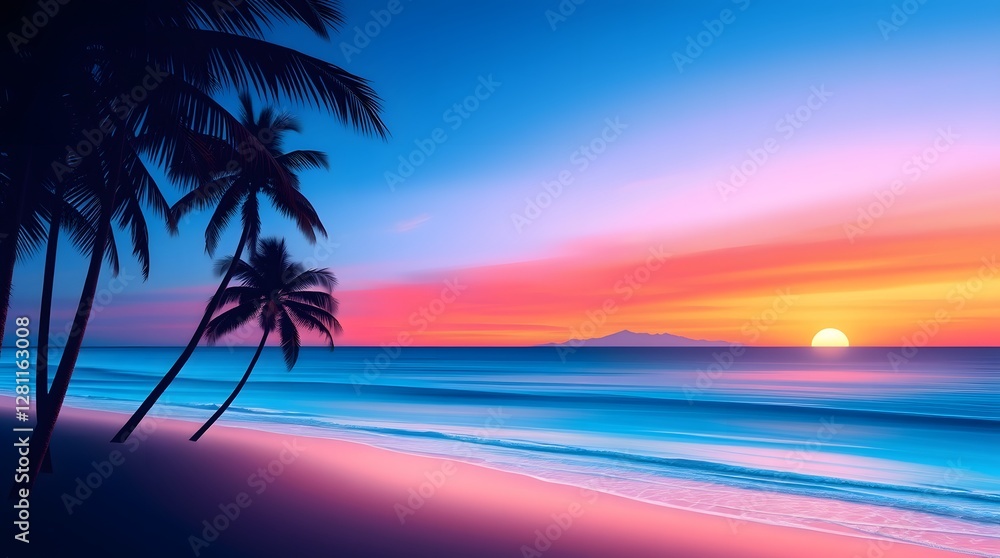 Naklejka premium A beautiful tropical sunset featuring palm trees framing a vividly colorful ocean horizon, evoking a serene and tranquil feeling, perfectly capturing the magnificence of nature's twilight display.