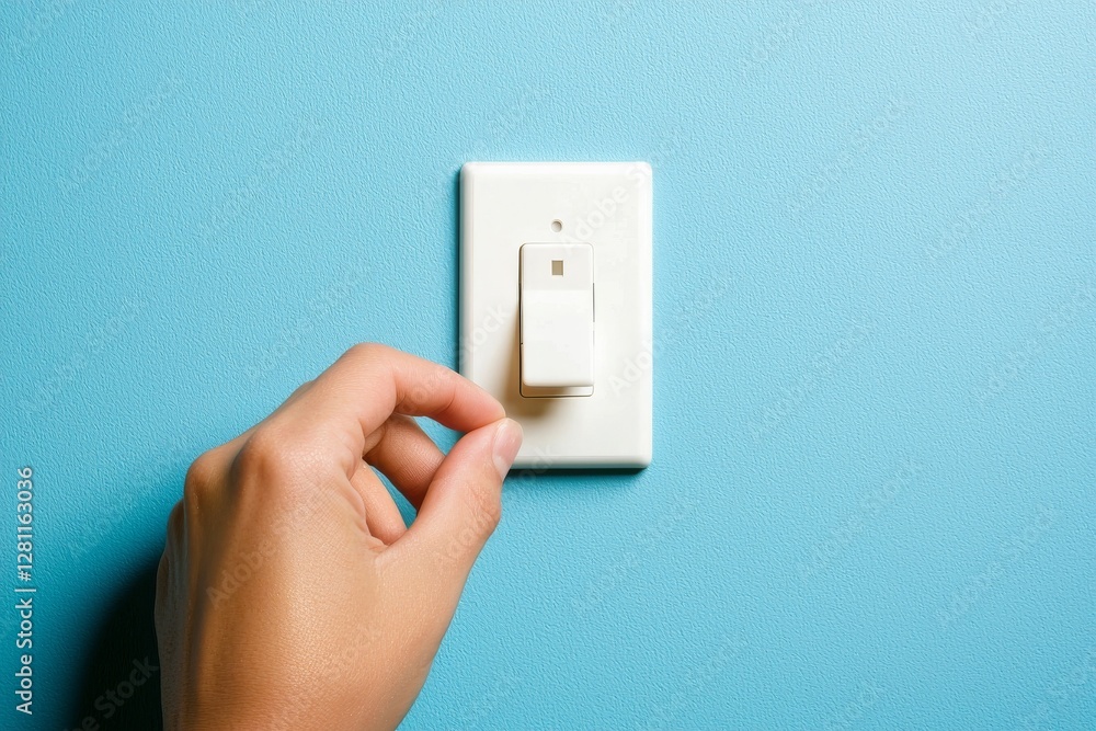 A finger is turning the lighting switch on a blue wall with a rough texture and dim lighting A finger is turning the lighting switch on a blue wall with a rough texture and dim lighting