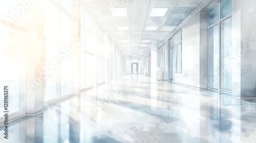 Abstract minimalist hospital interior with blurred elements, soft colors, and open spaces. Watercolor-style design with light tones, ideal for medical backgrounds.