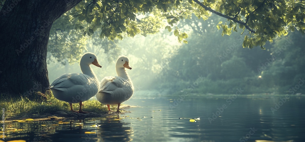 Fototapeta premium Peaceful white ducks by tranquil water under a lush tree canopy.
