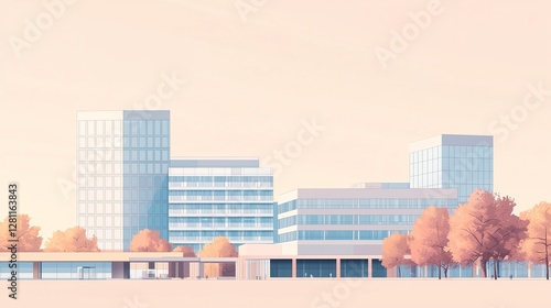 Minimalist flat illustration of Emory University Hospital with soft colors. Focus on modern architecture and design, with ample copy space for a clean and professional feel.