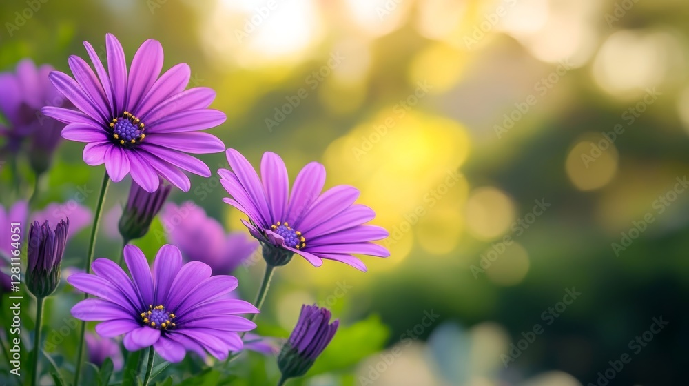 Fototapeta premium purple daisy flowers with blurred green forest