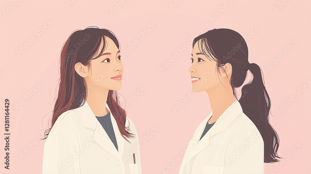 Minimalist flat vector illustration of a young Asian medical worker counseling a female patient, soft pastel tones, clean lines, friendly and understanding. Minimalist flat vector illustration of a young Asian medical worker counseling a female patient, soft pastel tones, clean lines, friendly and understanding.