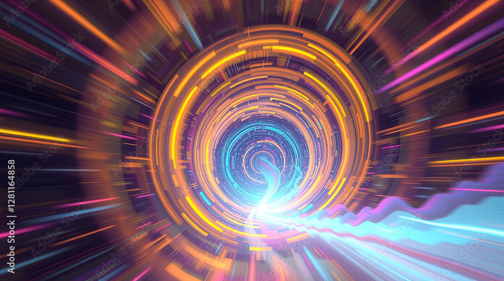 abstract astral corridor-portal with bright neon light effects, spirals of light