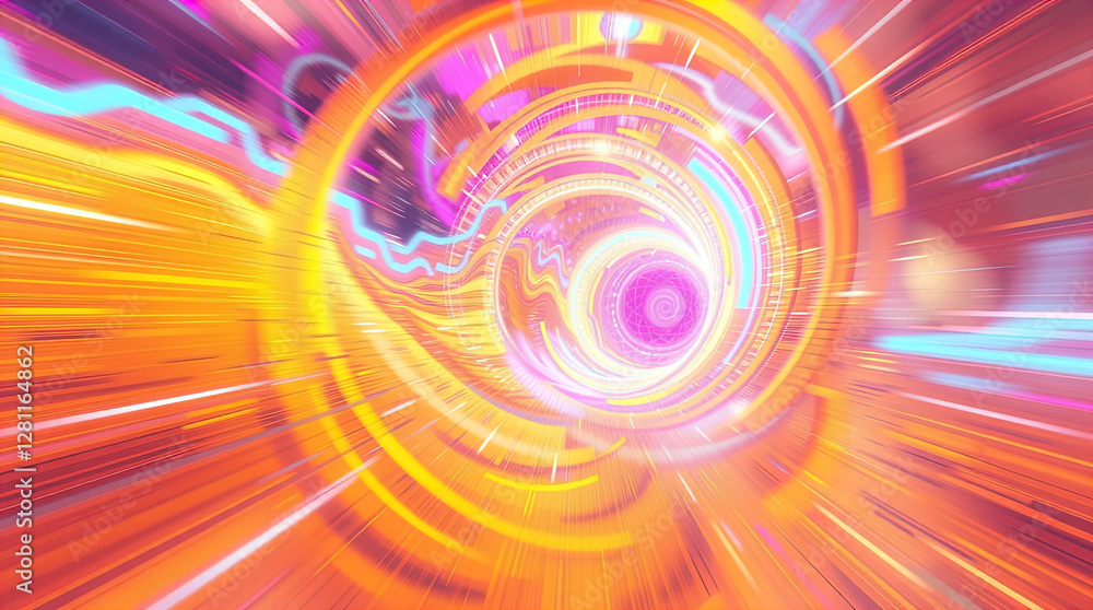 abstract astral corridor-portal with bright neon light effects, spirals of light