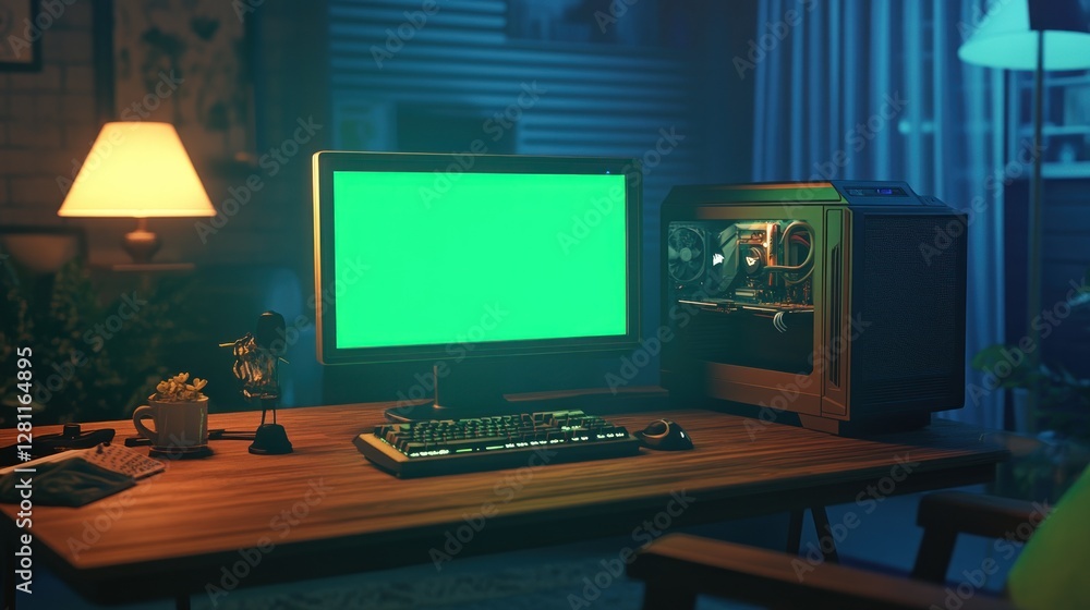 Naklejka premium Green screen computer setup in a dimly lit room