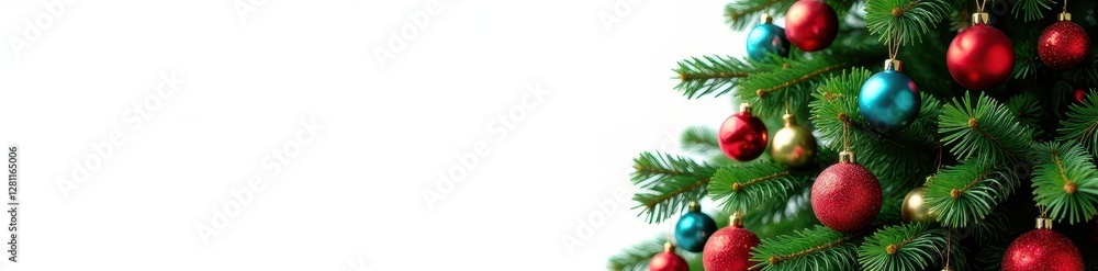 A richly decorated Christmas fir, its lush branches bursting with colorful ornaments, isolated on white , green, sparkle, happy A richly decorated Christmas fir, its lush branches bursting with colorful ornaments, isolated on white , green, sparkle, happy