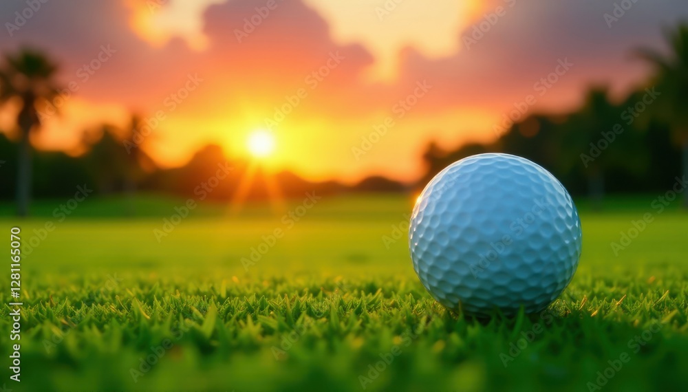 Bright golf ball rests on Florida's vibrant green, sunset backdrop, scene, sport, outdoor Bright golf ball rests on Florida's vibrant green, sunset backdrop, scene, sport, outdoor