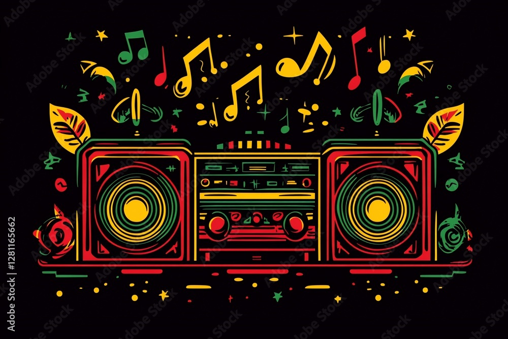 Fototapeta premium Retro stereo music design with vibrant colors and musical notes.