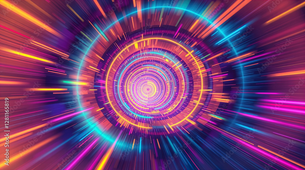 abstract astral corridor-portal with bright neon light effects, spirals of light