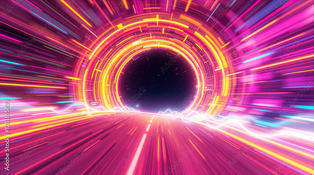 abstract astral corridor-portal with bright neon light effects, spirals of light