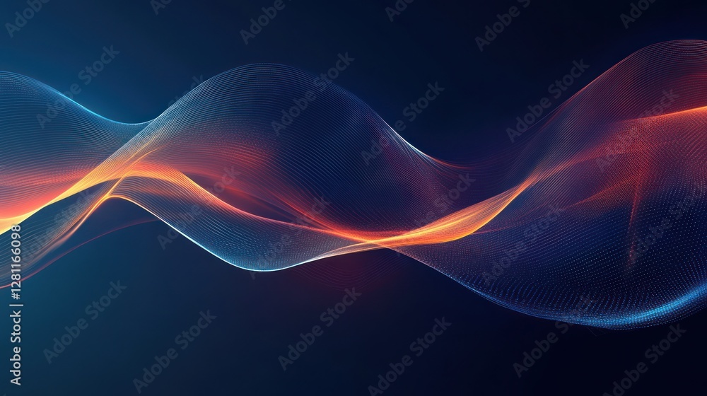 Fototapeta premium Abstract wavy glowing lines, orange and blue, dark background.