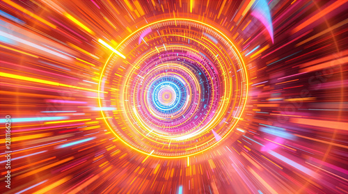 abstract astral corridor-portal with bright neon light effects, spirals of light