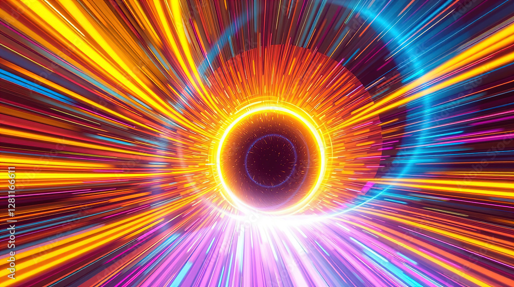 abstract astral corridor-portal with bright neon light effects, spirals of light
