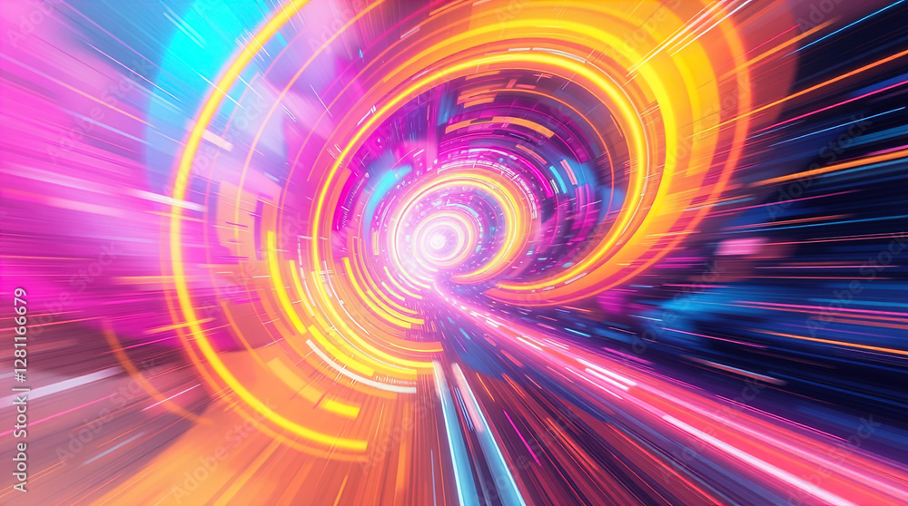 abstract astral corridor-portal with bright neon light effects, spirals of light
