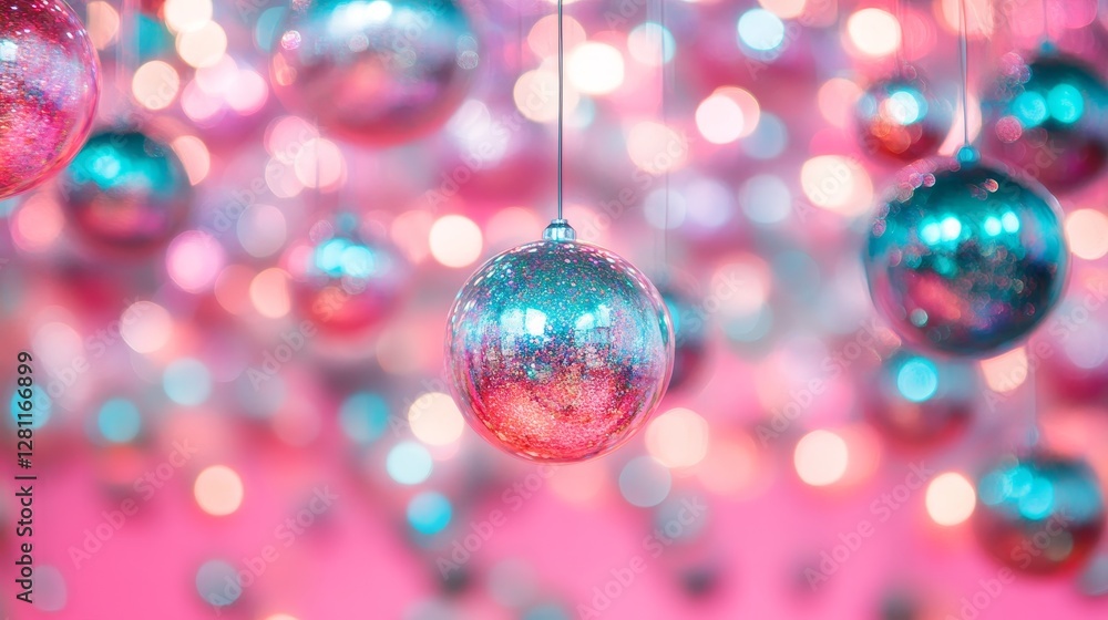Fototapeta premium Holographic Glitter Balls Suspended in Midair Creating a Stunning Visual Flurry
