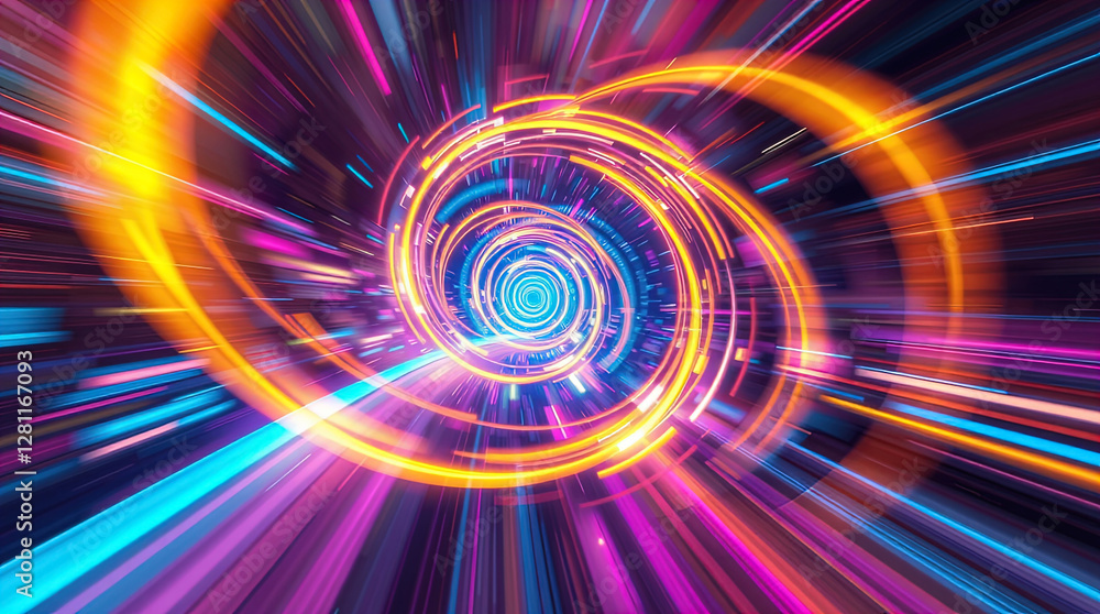 abstract astral corridor-portal with bright neon light effects, spirals of light