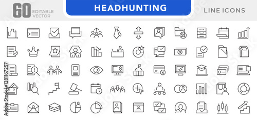 Headhunting line icon set. Career, resume, interview, candidate, analysis, email, diploma, leadership, briefcase, video calls, agendas line icon set. UI thin line icon pack.