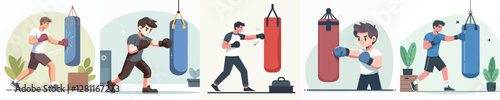 vector of young man punching a punching bag