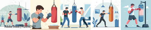 vector of young man punching a punching bag