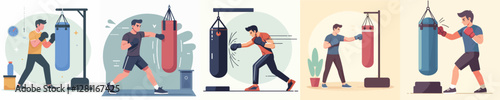 vector of young man punching a punching bag