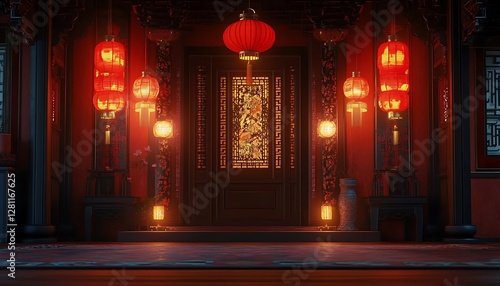 Wallpaper Mural Chinese interior displaying decorative red lanterns and an ornate door Torontodigital.ca